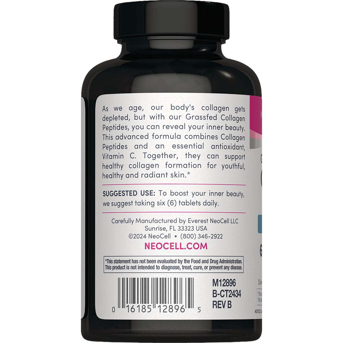 NEC042 | Back label of collagen supplement bottle showing suggested use, manufacturer details and barcode