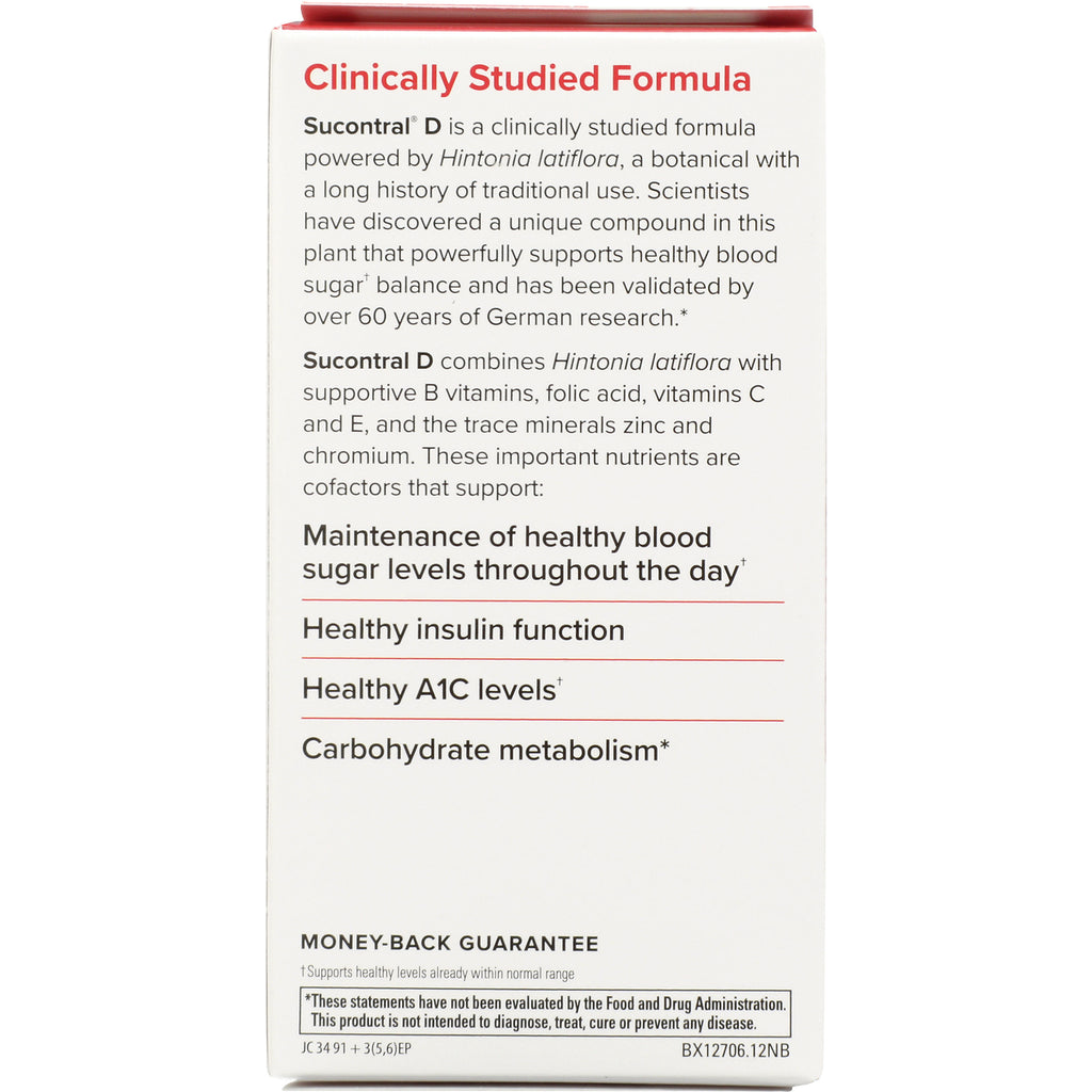 EUR049 | back of supplement box listing clinically studied formula and benefits: healthy blood sugar, insulin function, A1C, carbohydrate metabolism - Thumbnail
