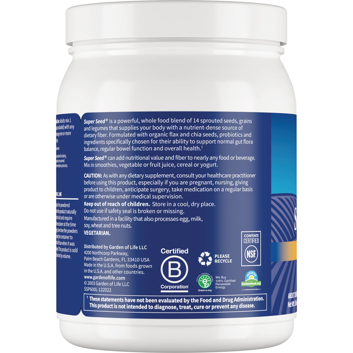 GLF016 | Back label of white supplement jar showing Super Seed description, caution text, and certification icons
