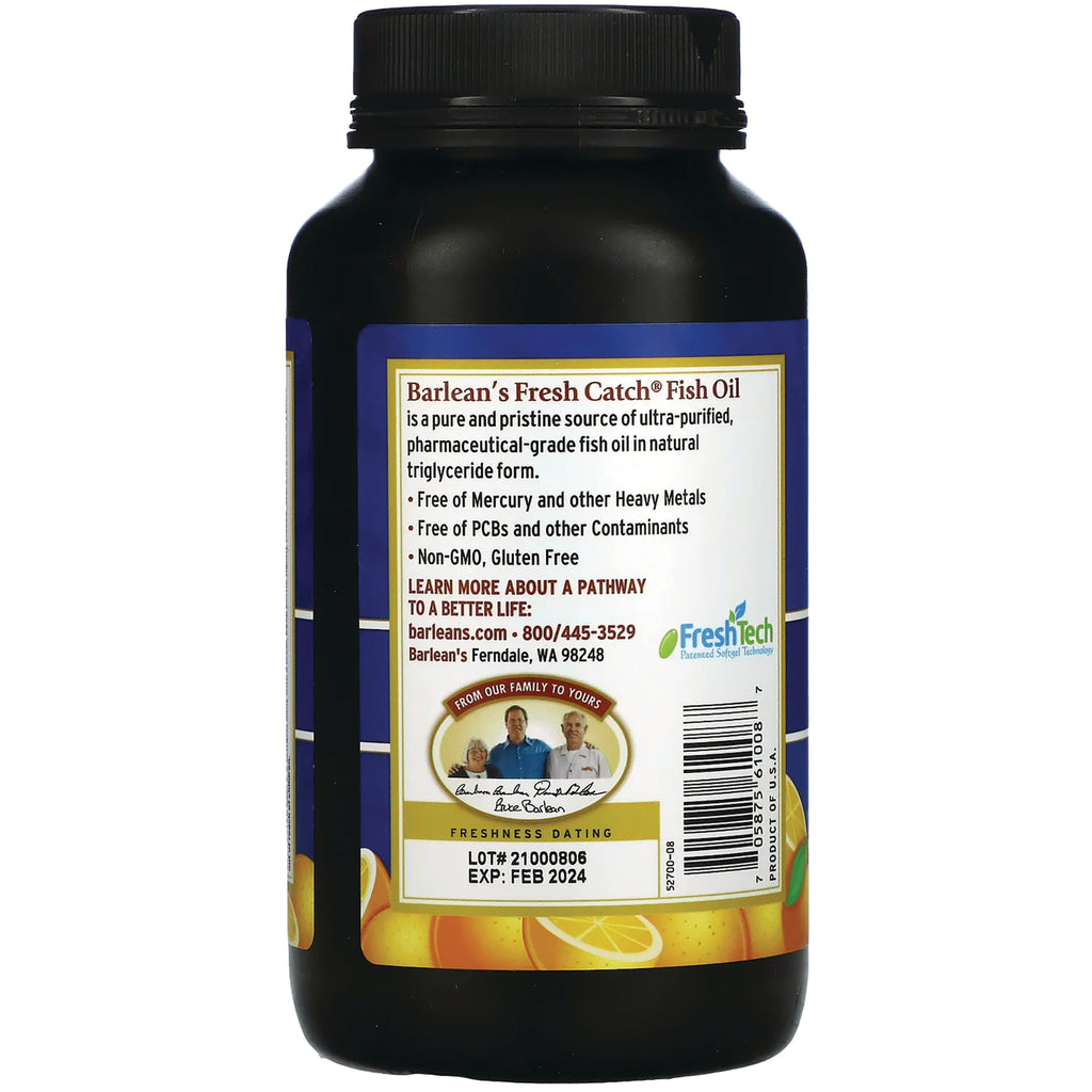 Back label of Barlean's Fresh Catch fish oil bottle showing product claims, LOT# 21000806 EXP: FEB 2024, barcode and lemon graphics - Thumbnail