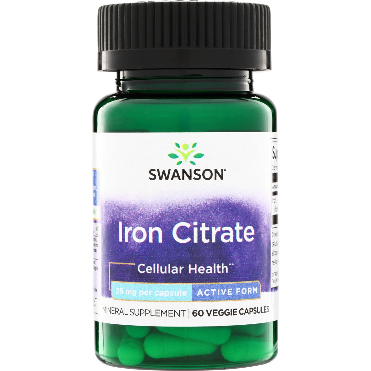 SW1377 | Swanson Iron Citrate supplement bottle, 25 mg per capsule, 60 veggie capsules