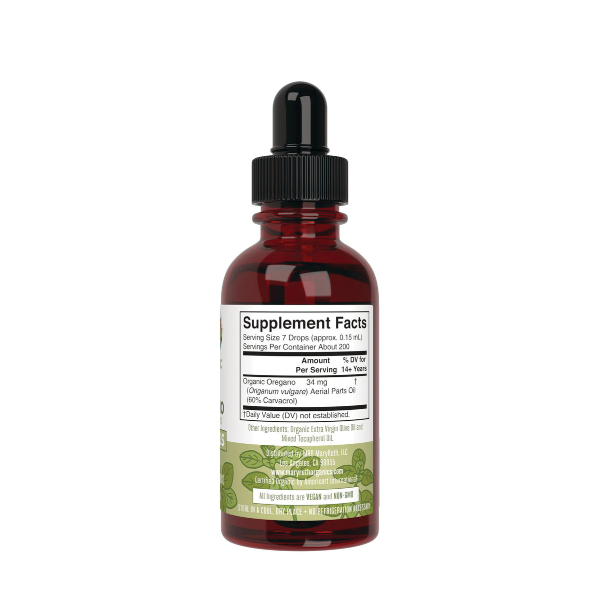MRR042 | Back of amber dropper bottle showing Supplement Facts panel and ingredient text