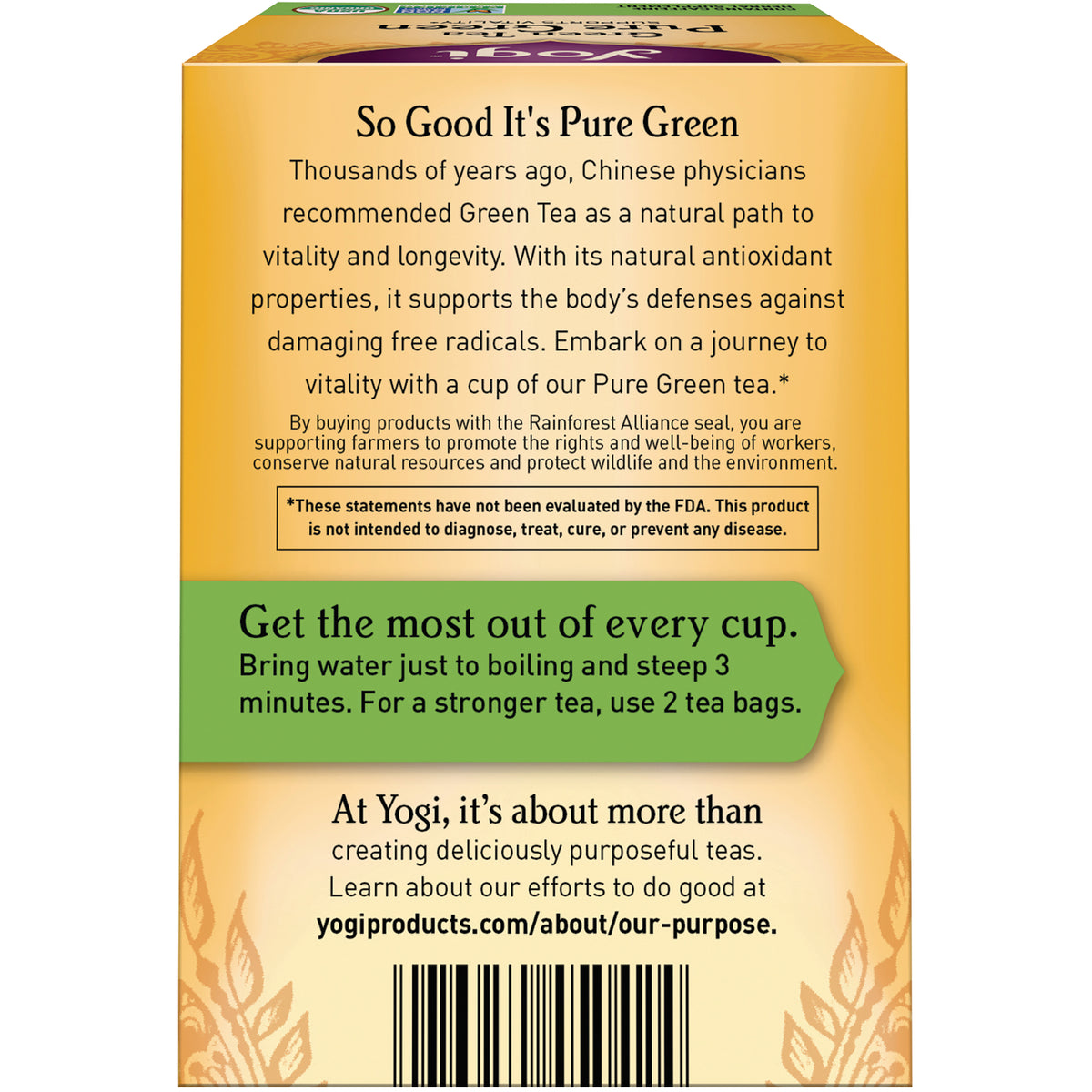 AHW009 | Back panel of green tea box showing brewing instructions 'Get the most out of every cup' and product information