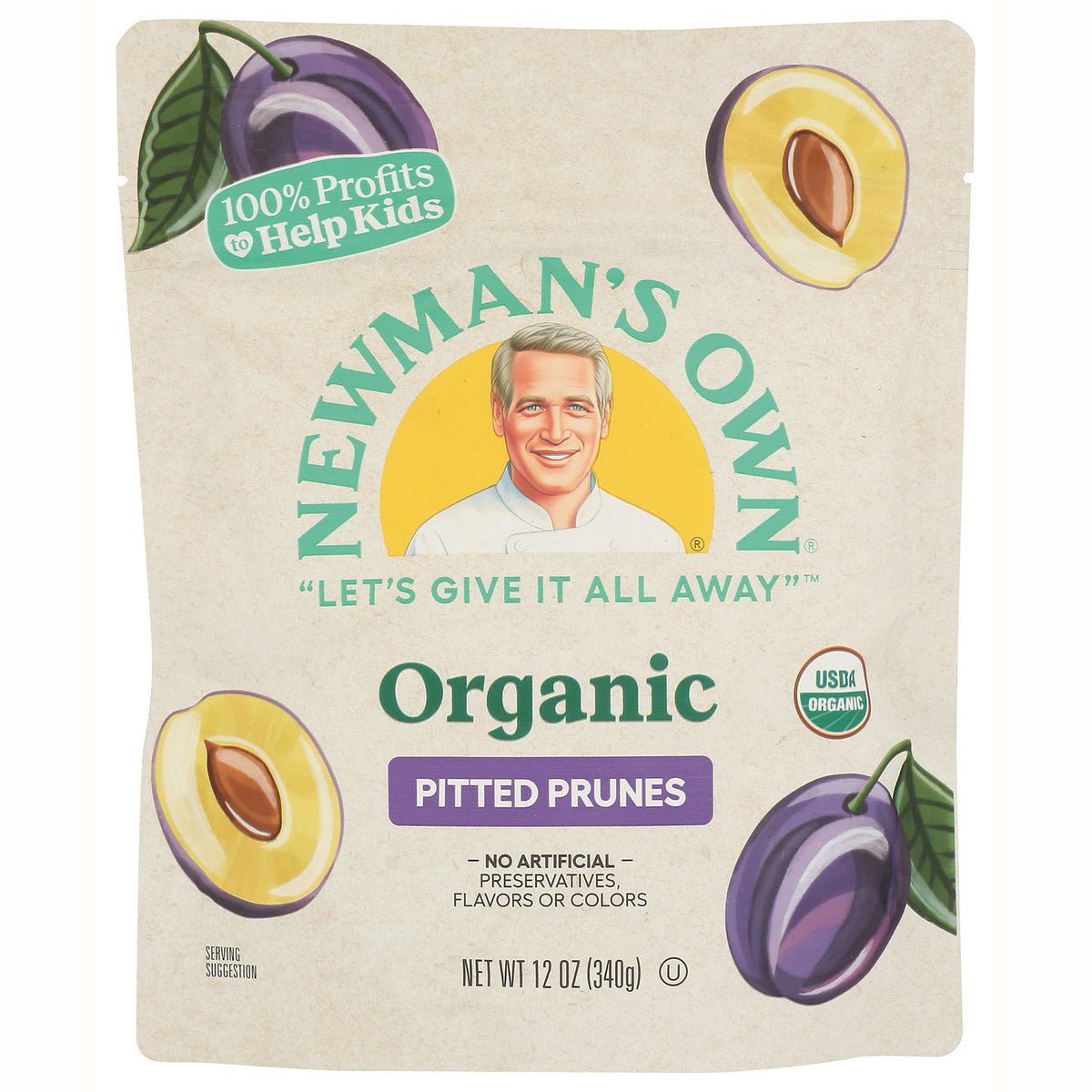 NWM027 | Newman's Own organic pitted prunes front pouch with logo and plum illustrations