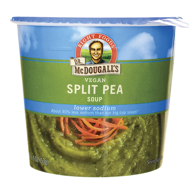 DMD006 | Dr. McDougall's vegan Split Pea Soup single-serve cup showing label and soup
