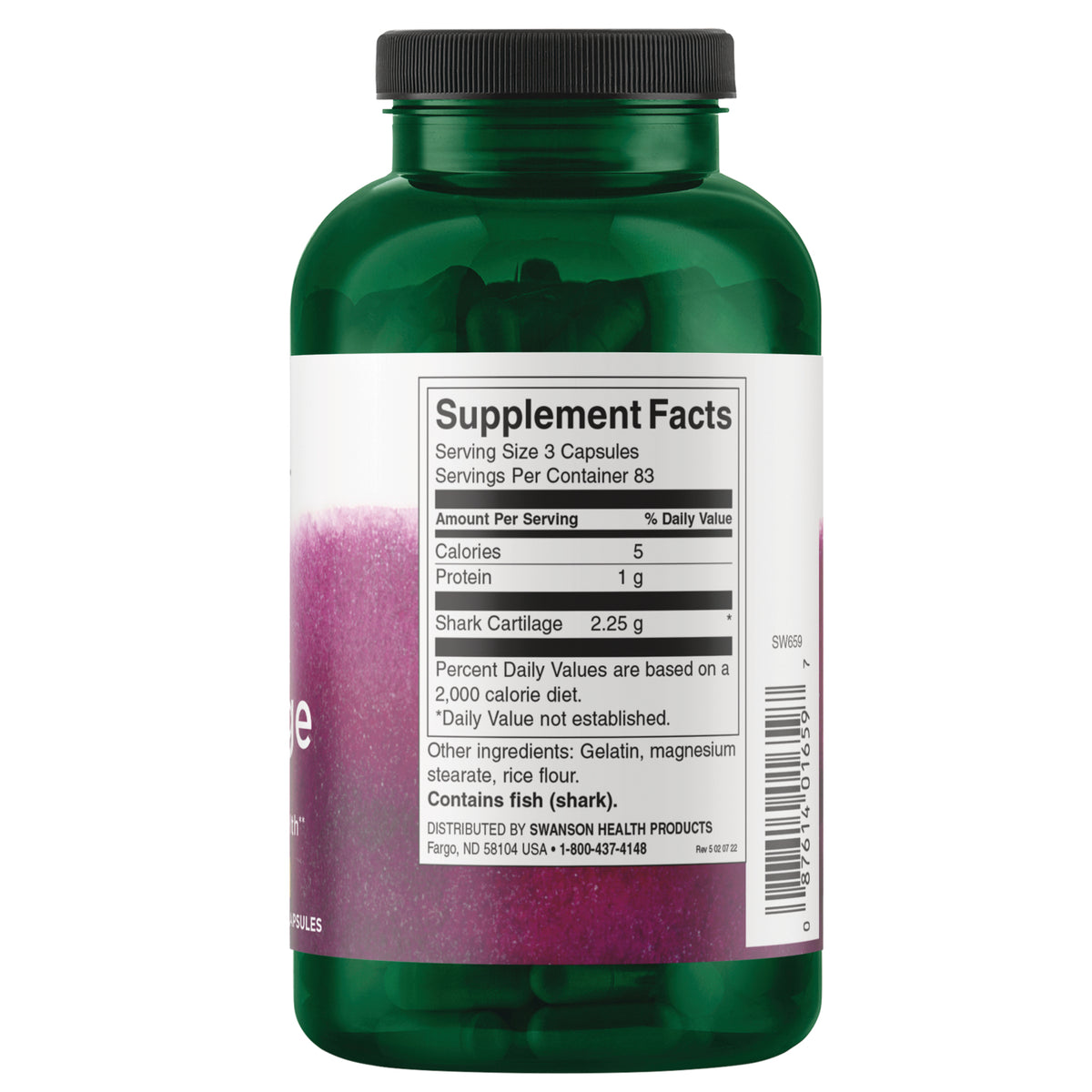 SW659 | Back label with Supplement Facts for shark cartilage capsules; serving size 3 capsules; contains fish (shark)