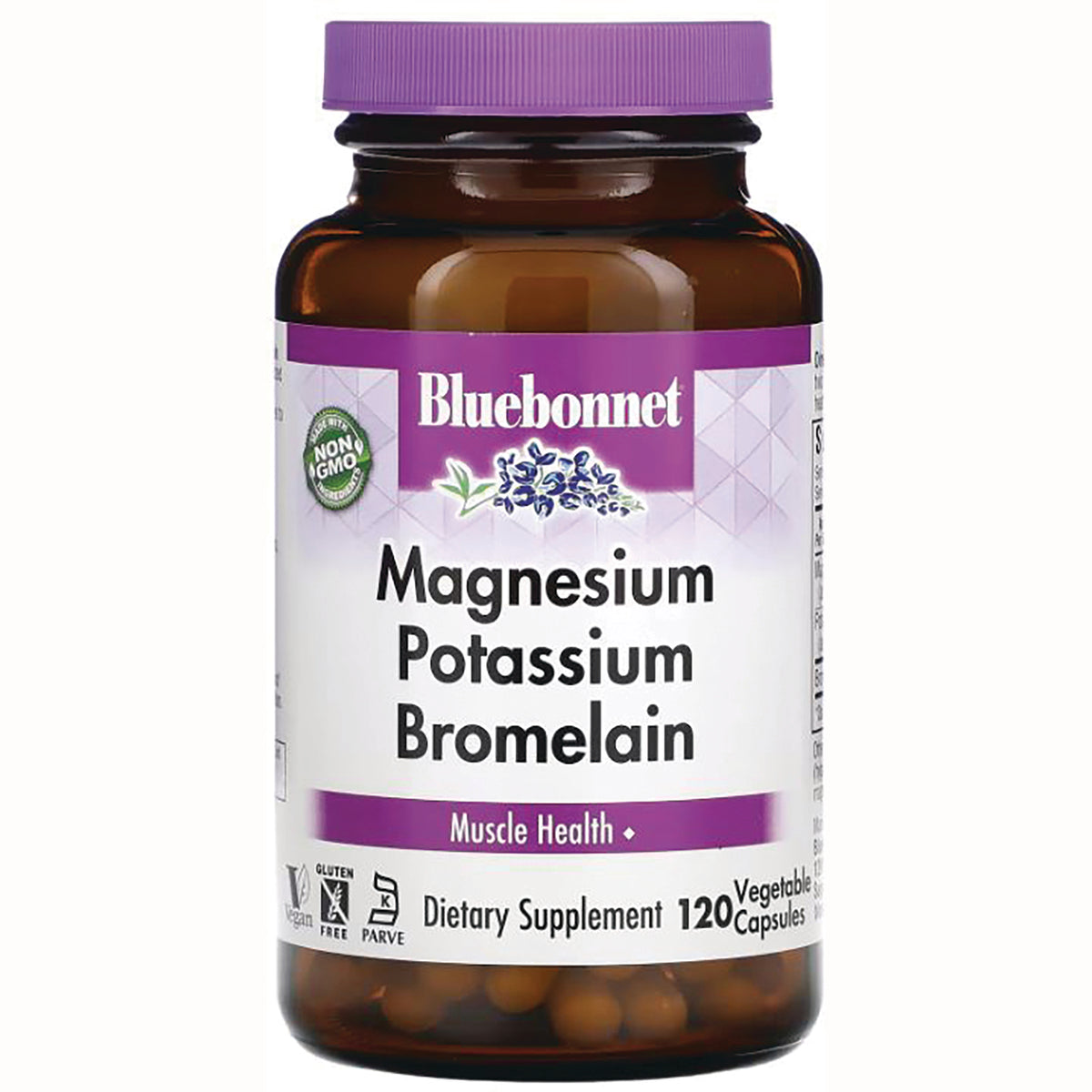 BLU100 | Bluebonnet Magnesium Potassium Bromelain dietary supplement bottle, 120 vegetable capsules