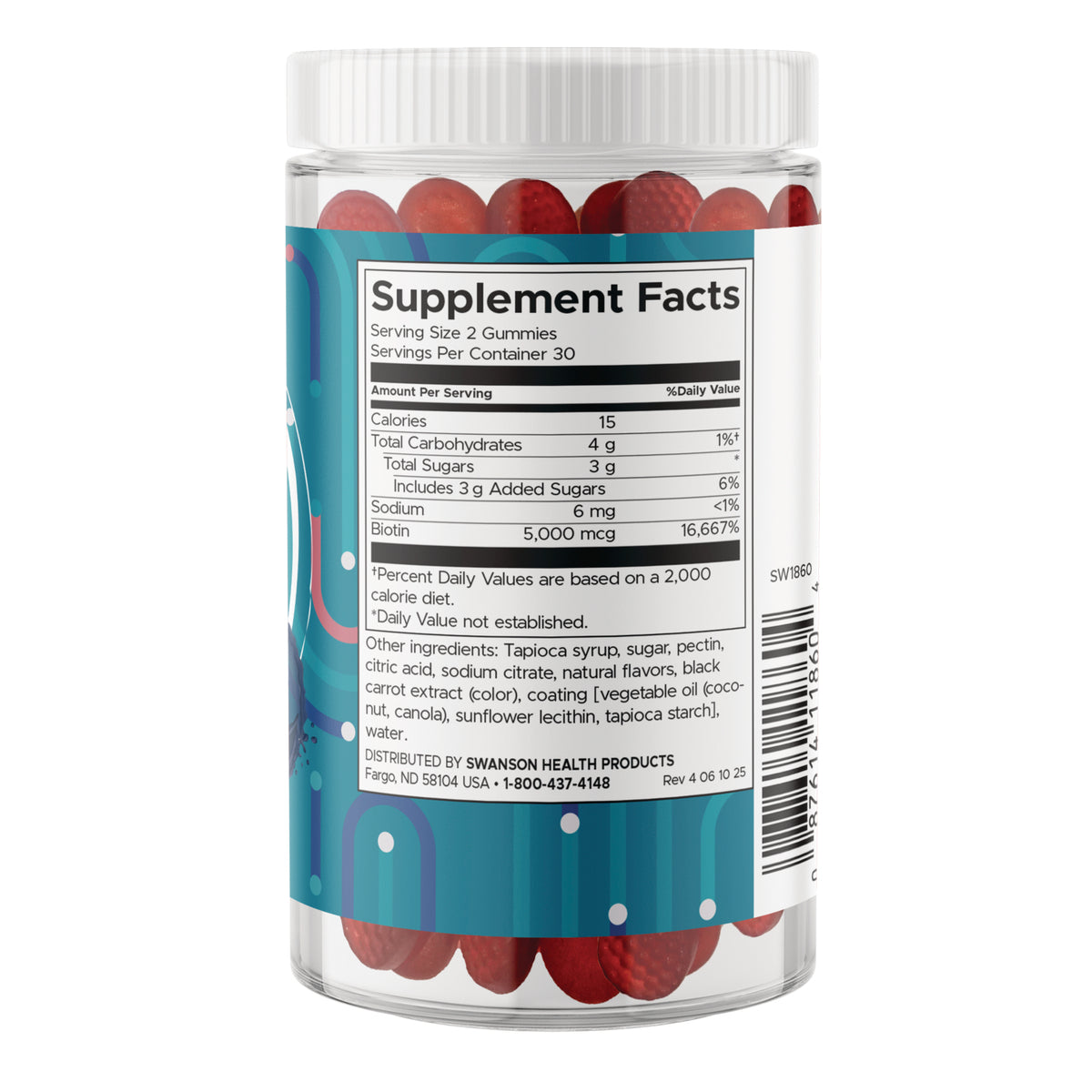SW1860 | Supplement Facts panel showing serving size 2 gummies, 30 servings, biotin 5,000 mcg, 15 calories