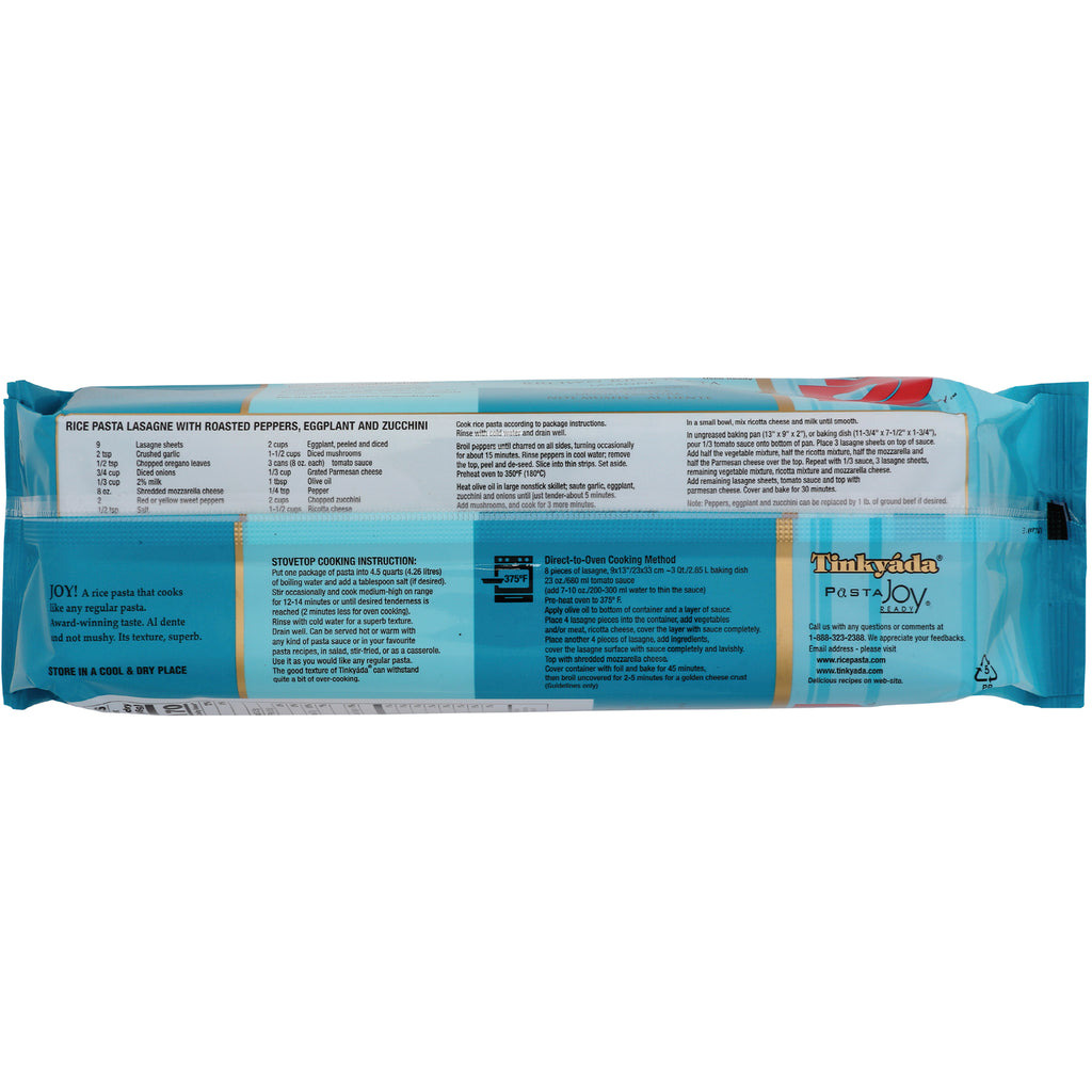 TKY009 | Back of Tinkyada Pasta Joy rice pasta package with cooking instructions and recipe panel - Thumbnail