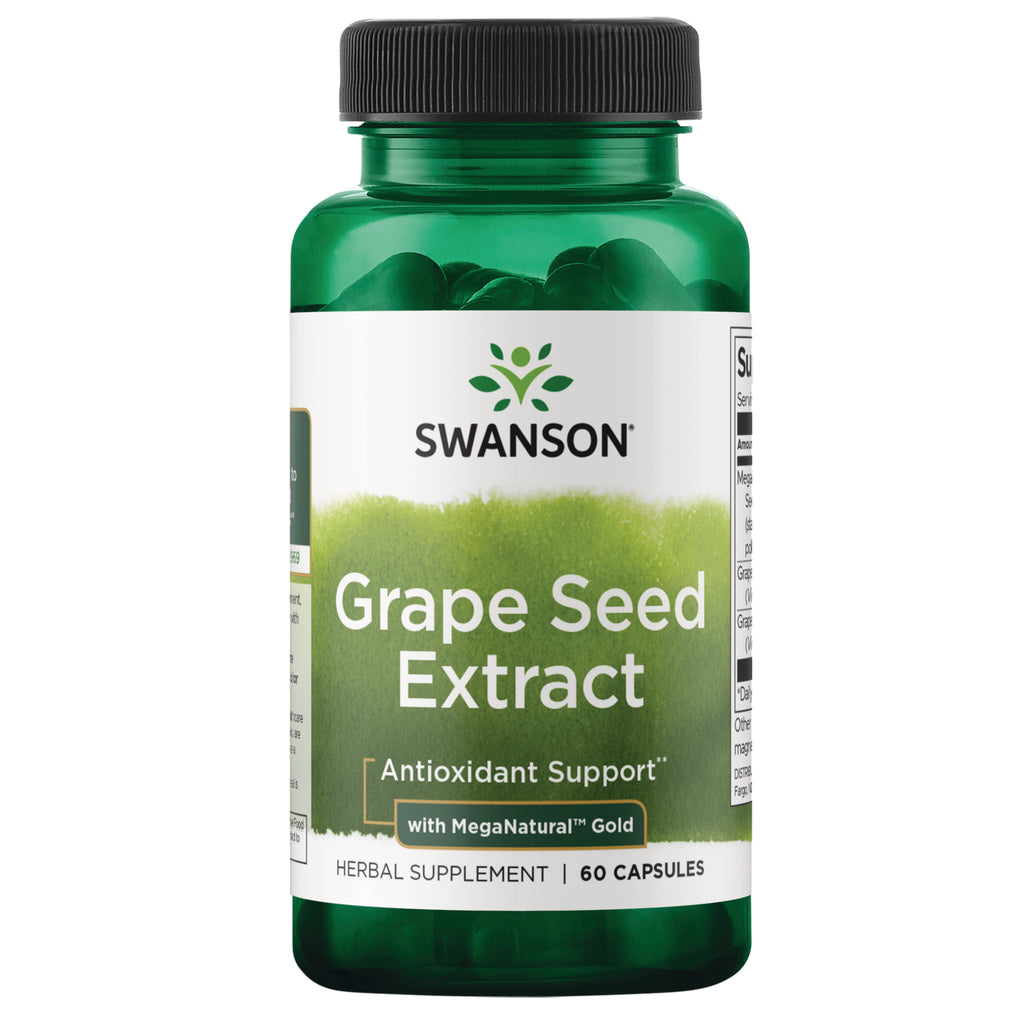 SWH291 | Four Swanson Grape Seed Extract supplement bottles with front labels reading Grape Seed Extract and 60 capsules || SWH291 | Three Swanson Grape Seed Extract bottles, front labels read Antioxidant Support, 60 capsules || SWH291 | Two green Swanson Grape Seed Extract supplement bottles front label showing Antioxidant Support 60 capsules - Thumbnail