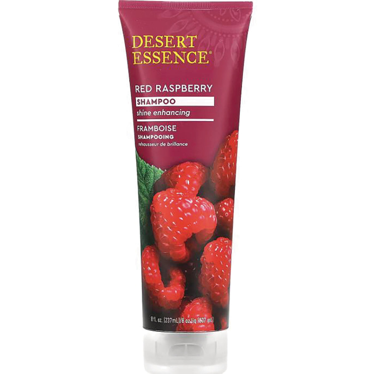 DST040 | Desert Essence red raspberry shine enhancing shampoo tube with raspberry images