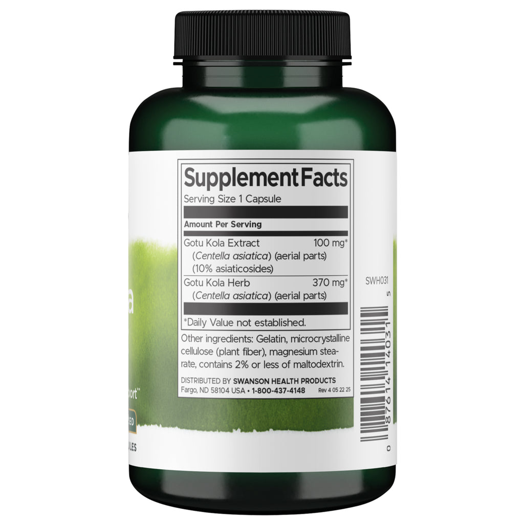 SWH031 | Back of green supplement bottle showing Supplement Facts: serving size 1 capsule, Gotu Kola extract and herb - Thumbnail