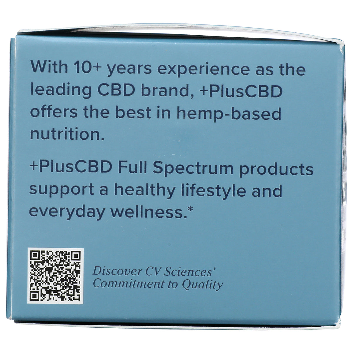 CV001 | back of blue product box with PlusCBD Full Spectrum marketing text, QR code and Discover CV Sciences commitment to Quality