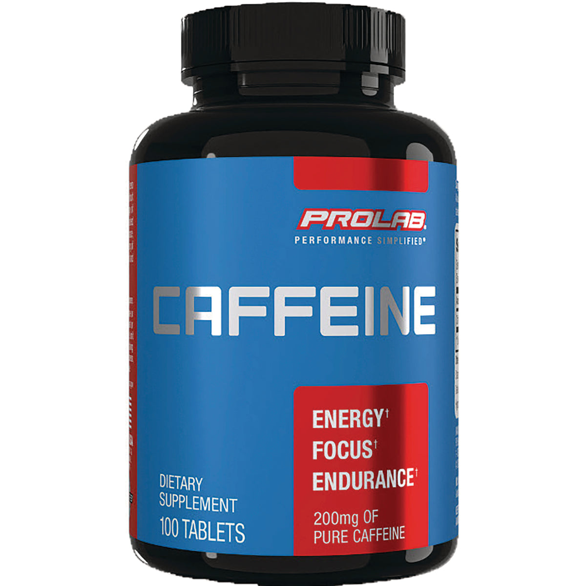 PRL027 | Front view of Prolab CAFFEINE supplement bottle with blue label, 100 tablets, 200 mg