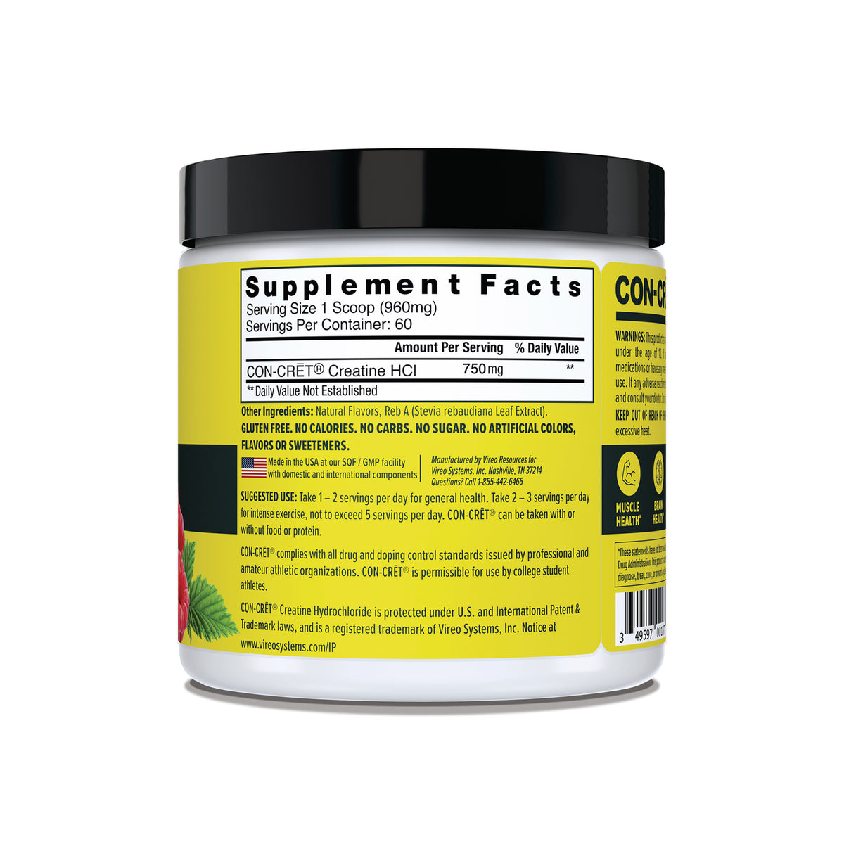 CNC004 | Supplement Facts panel for CON-CRĒT Creatine HCl powder with serving size and usage directions