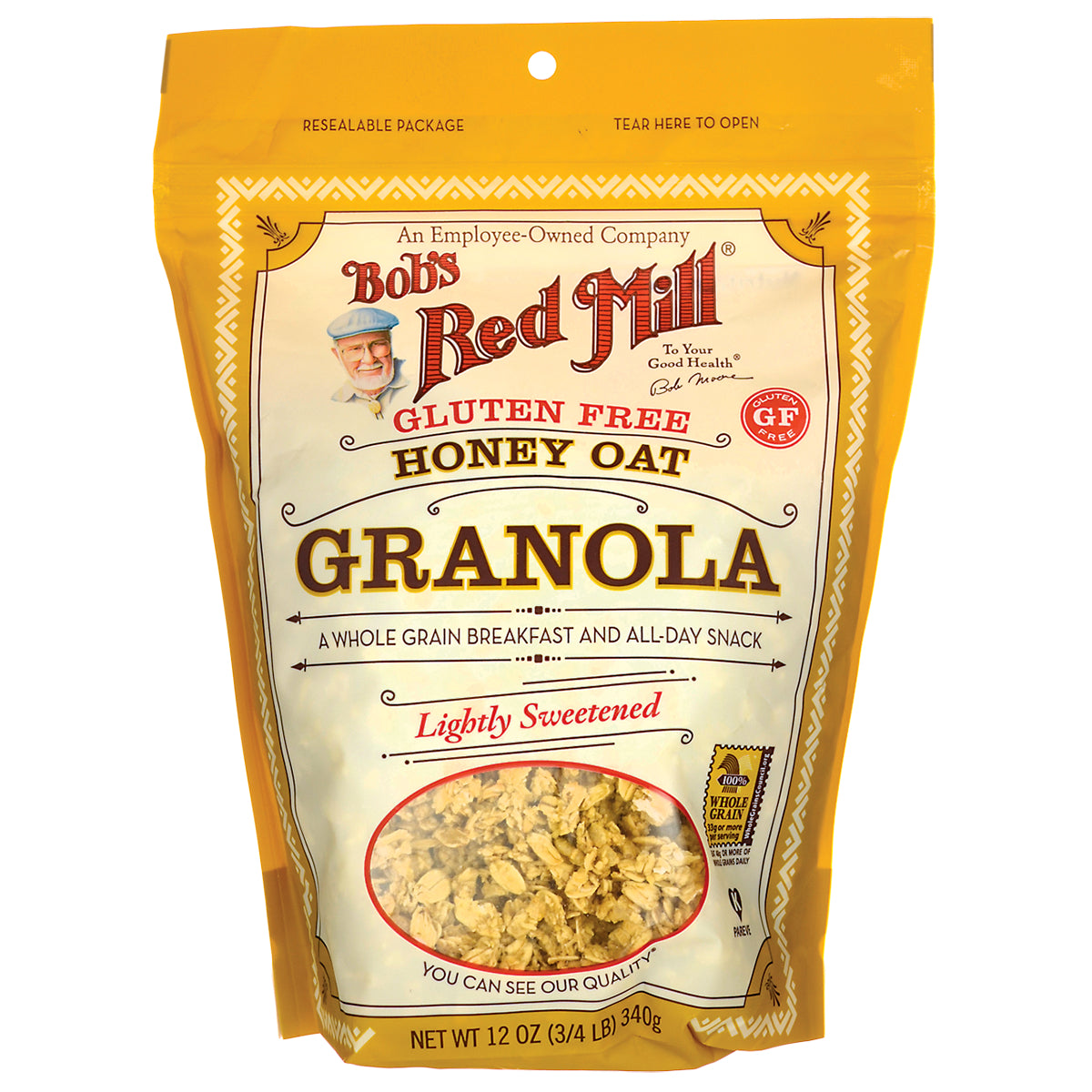 BOB217 | Bob's Red Mill gluten free honey oat granola bag, lightly sweetened, front view with product window