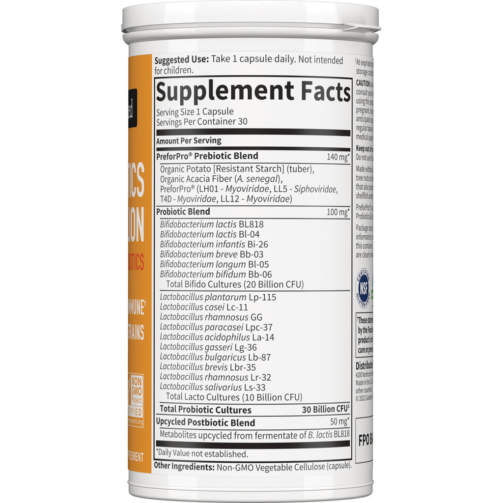 GLF373 | Back label showing Supplement Facts panel with serving size, prebiotic and probiotic blends and ingredients - Thumbnail