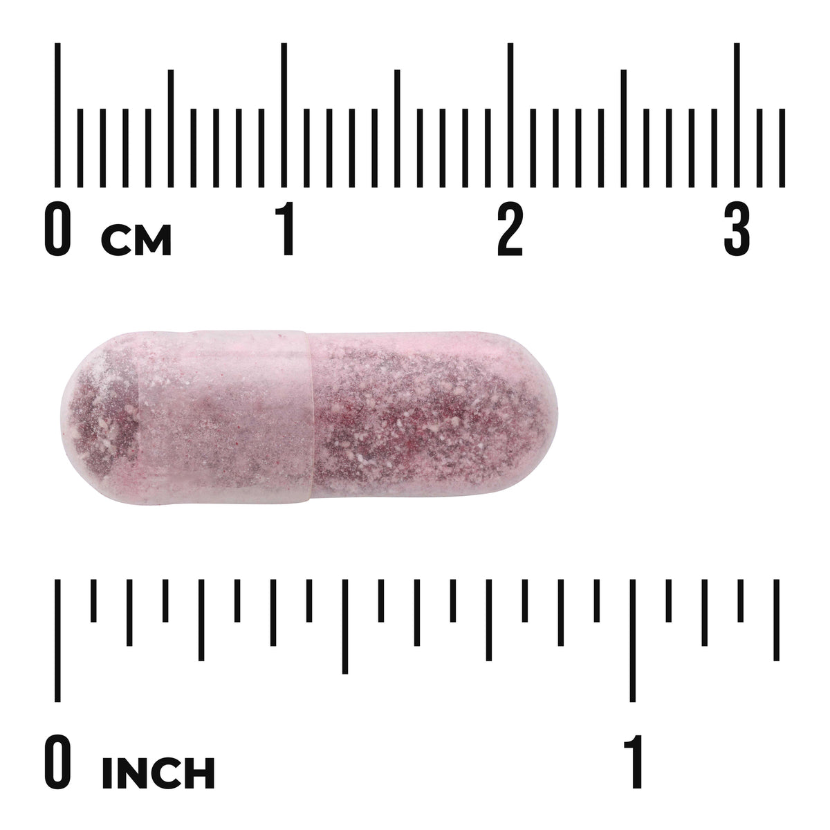SW1937 | Pink capsule shown with inch and centimeter rulers for size reference