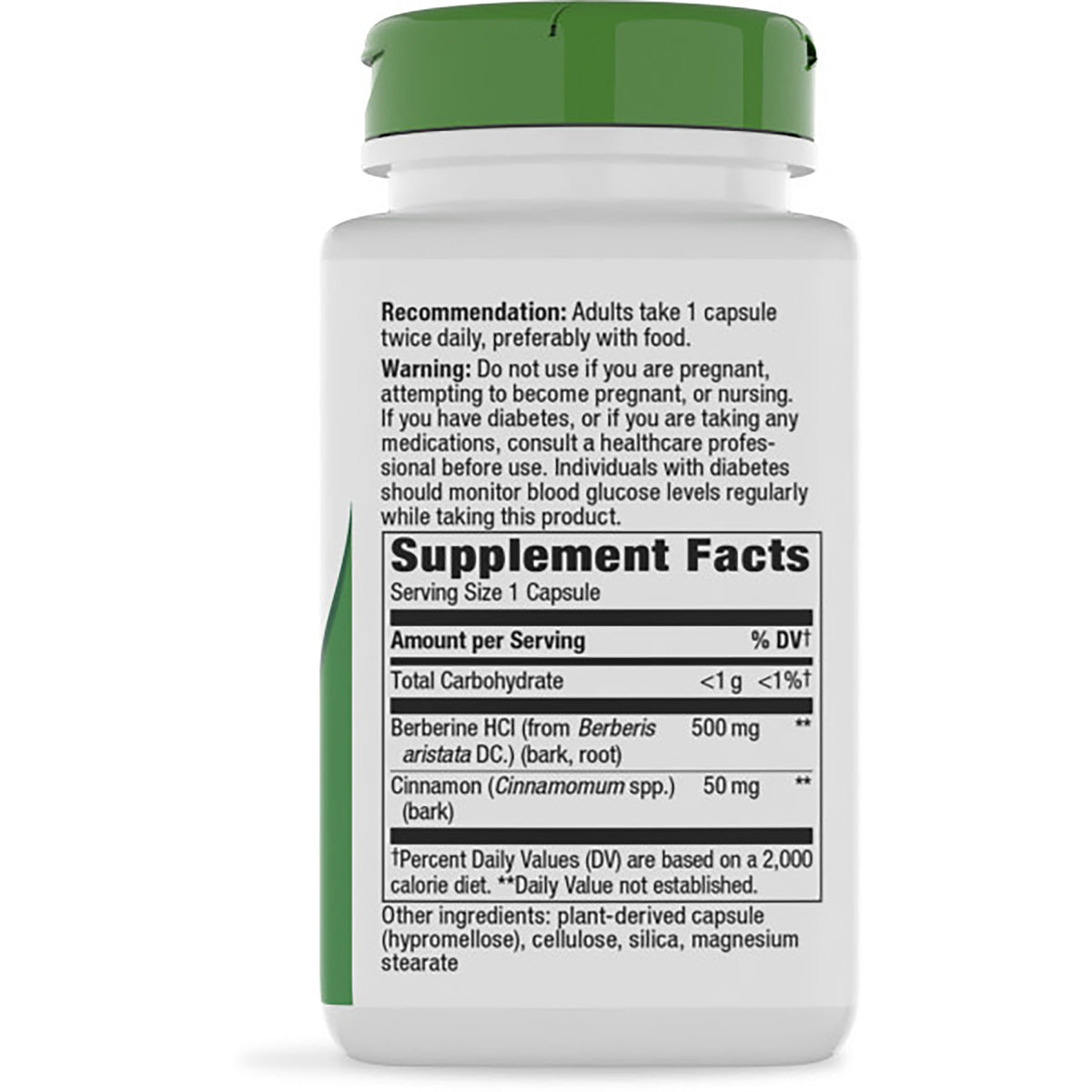 NW1065 | supplement facts panel listing Berberine HCl 500 mg, Cinnamon 50 mg; dairy free, gluten free, vegan icons