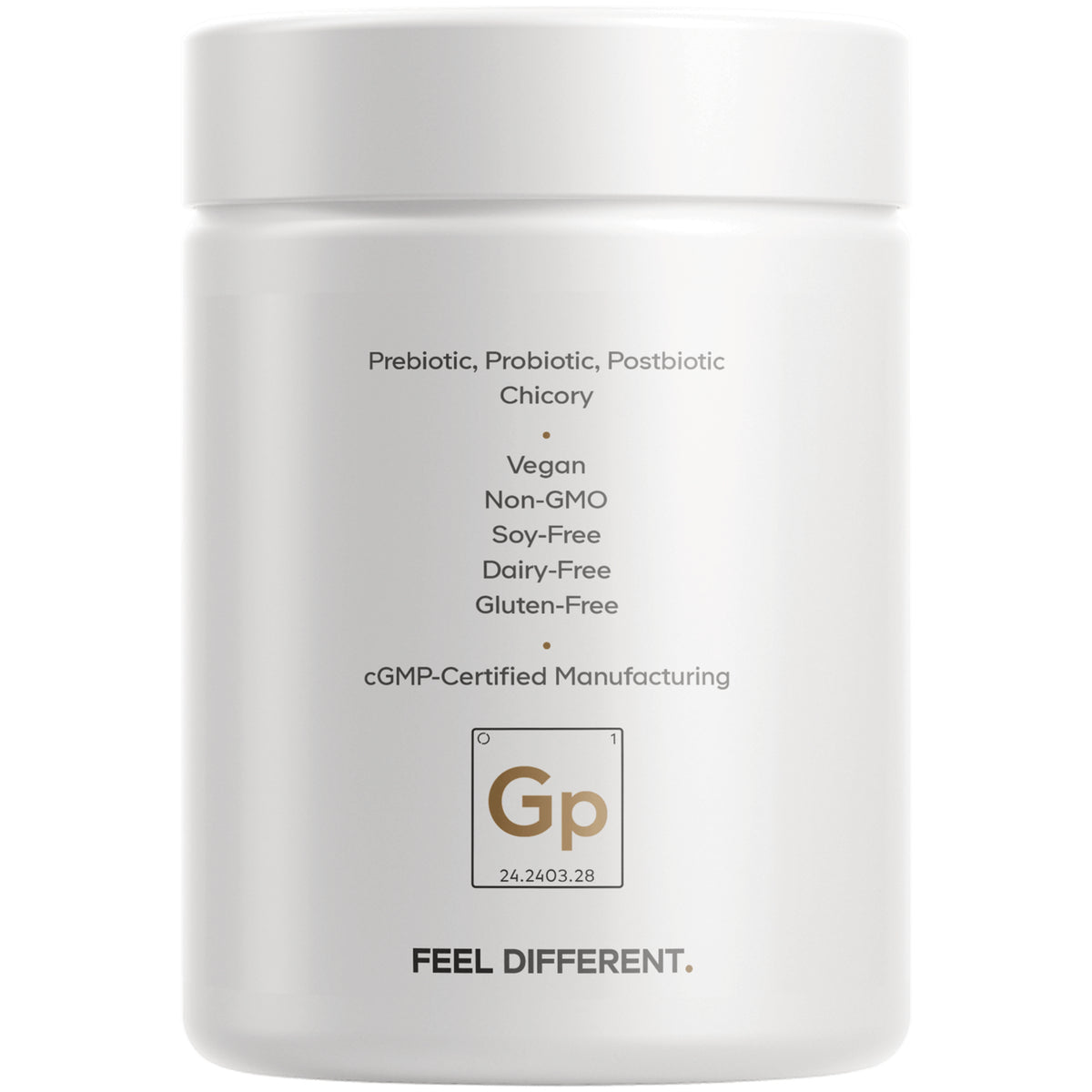 CDG017 | Back label of white supplement jar reading Daily Craving & Bloat Support, lists prebiotic/probiotic/postbiotic and clean-label attributes
