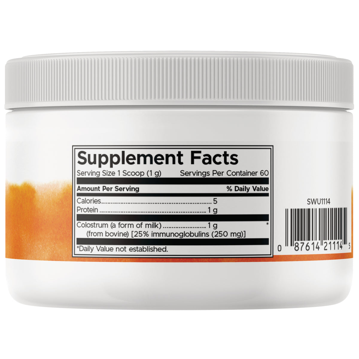 SWU1114 | Back of white supplement jar showing Supplement Facts label, nutrition facts and barcode