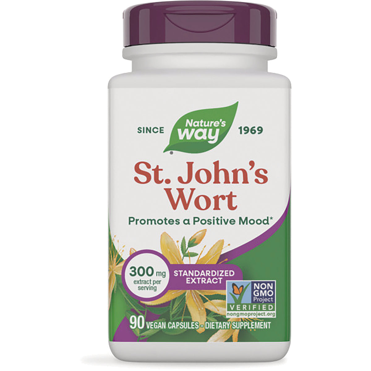 NW533 | Nature's Way St. John's Wort supplement bottle, 90 vegan capsules, 300 mg standardized extract, Non-GMO