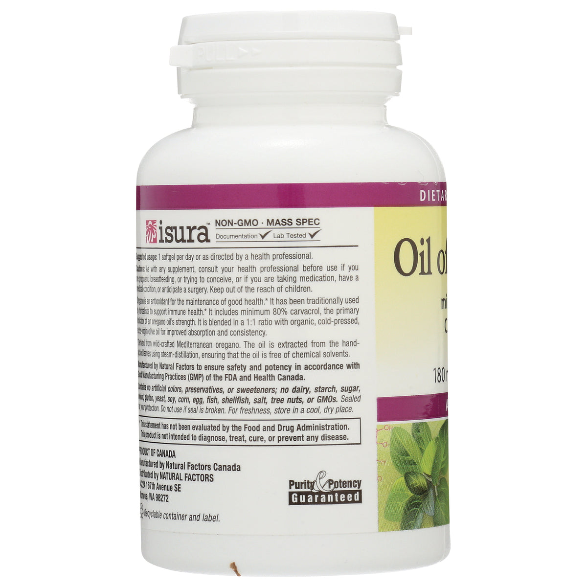 NFC181 | back label of white supplement bottle showing ingredient and safety text, Isura logo and Purity & Potency Guaranteed seal