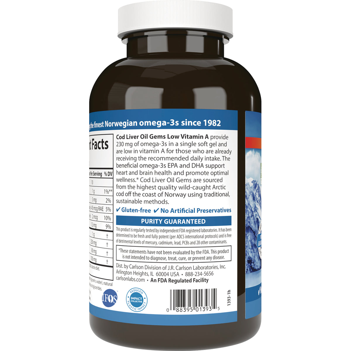 CSN298 | back label of brown supplement bottle showing Cod Liver Oil Gems Low Vitamin A text, nutrition facts, and Purity Guaranteed badge