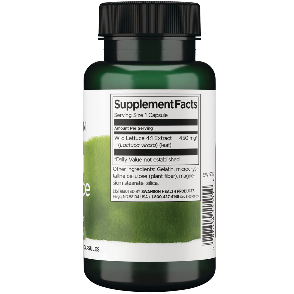SW1505 | Supplement Facts panel showing Wild Lettuce 4:1 Extract 450 mg and other ingredients - Thumbnail