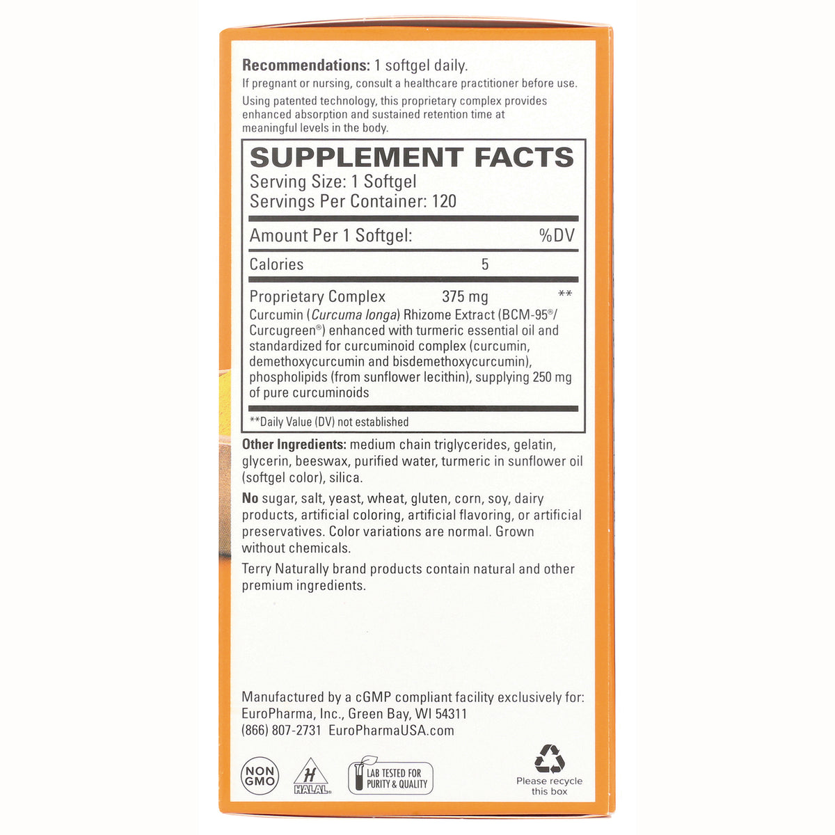 EUR055 | back of supplement box showing Supplement Facts panel, serving size 1 softgel and ingredient list