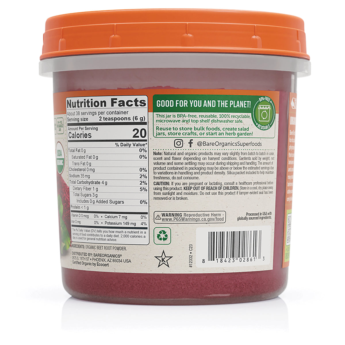 BOR002 | Back label showing nutrition facts, warnings, certifications, and barcode on red tub with orange lid