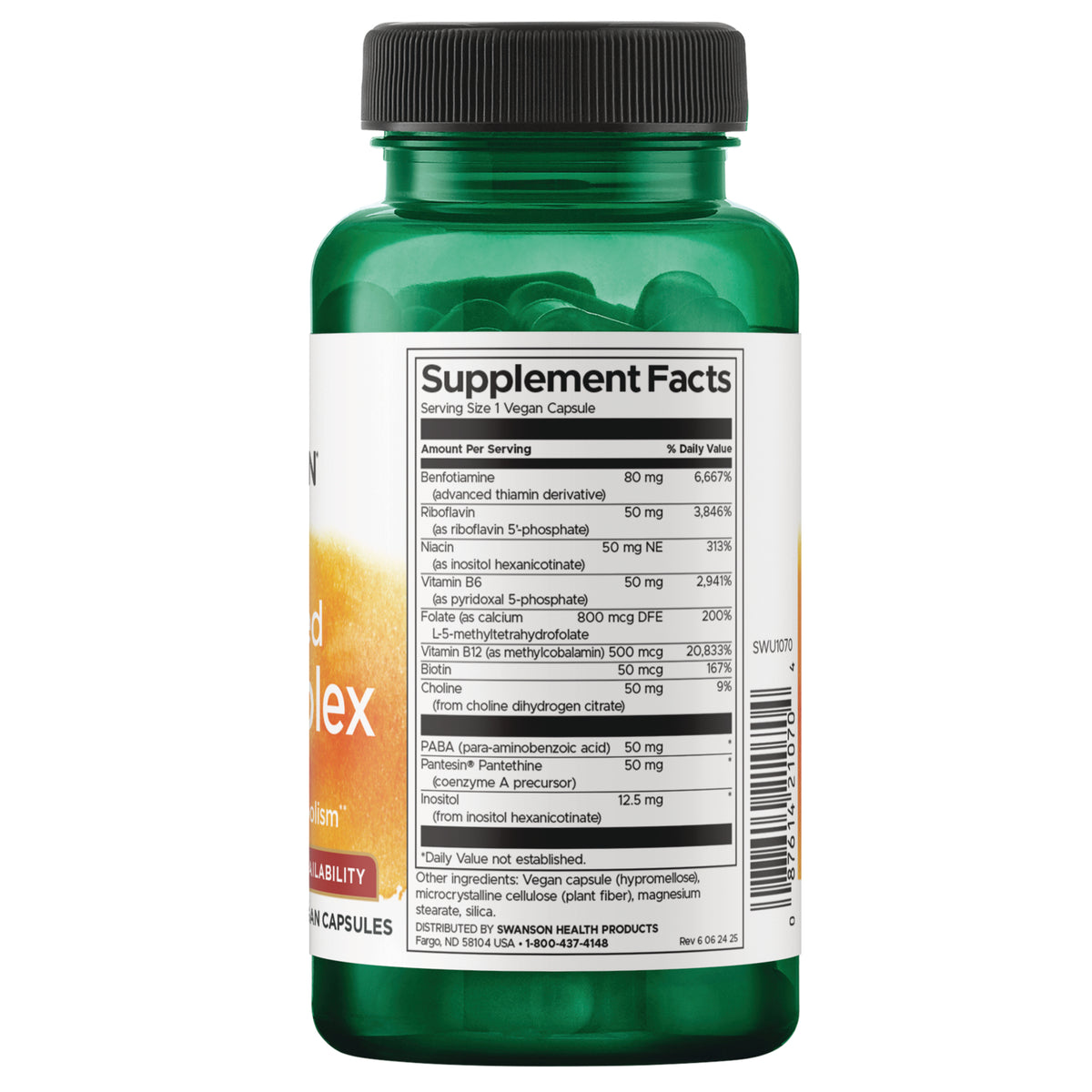 SWU1070 | Back of green supplement bottle with Supplement Facts panel, serving size 1 vegan capsule, ingredients and barcode