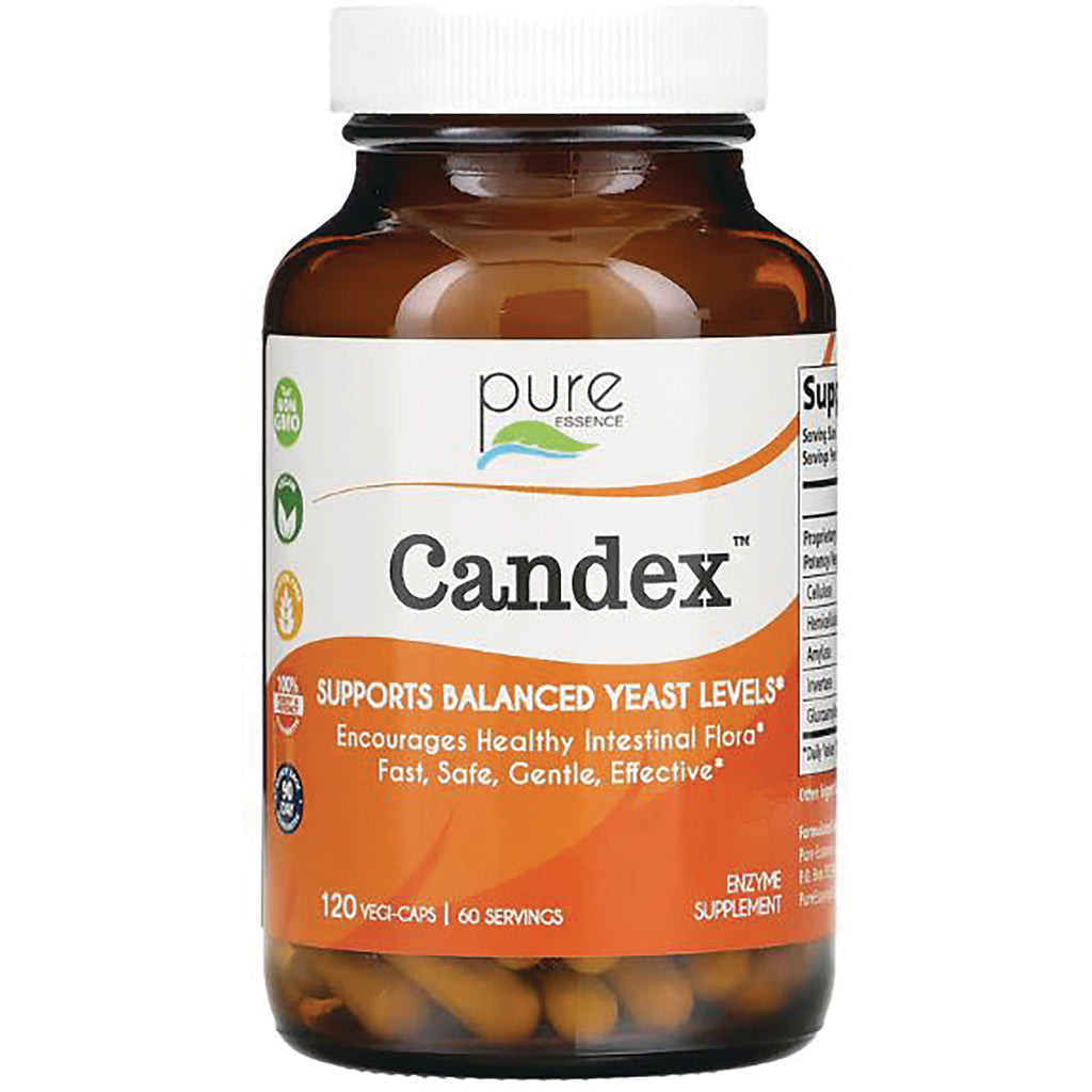 Amber supplement bottle labeled Candex supports balanced yeast levels 120 vegi-caps - Thumbnail