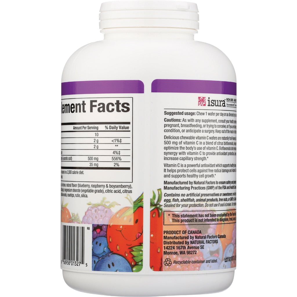 NFC091 | bottle back showing supplement facts panel, ingredient and usage text with fruit illustrations at base - Thumbnail