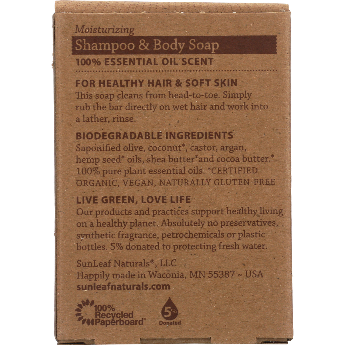 SLN008 | Back of brown Shampoo & Body Soap box showing biodegradable ingredients, usage and company information