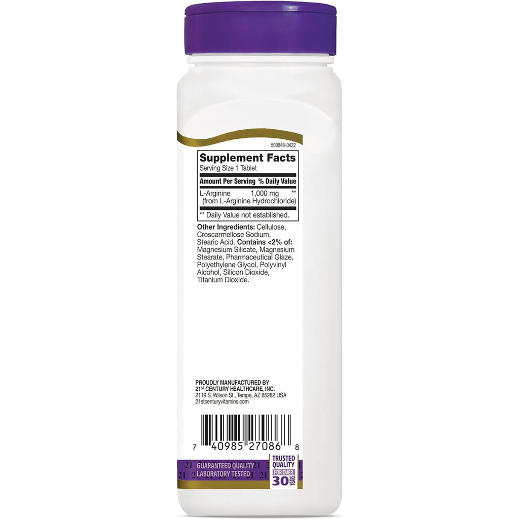 CNT093 | Back label showing Supplement Facts listing L-Arginine 1,000 mg, other ingredients and barcode on white bottle with purple cap - Thumbnail