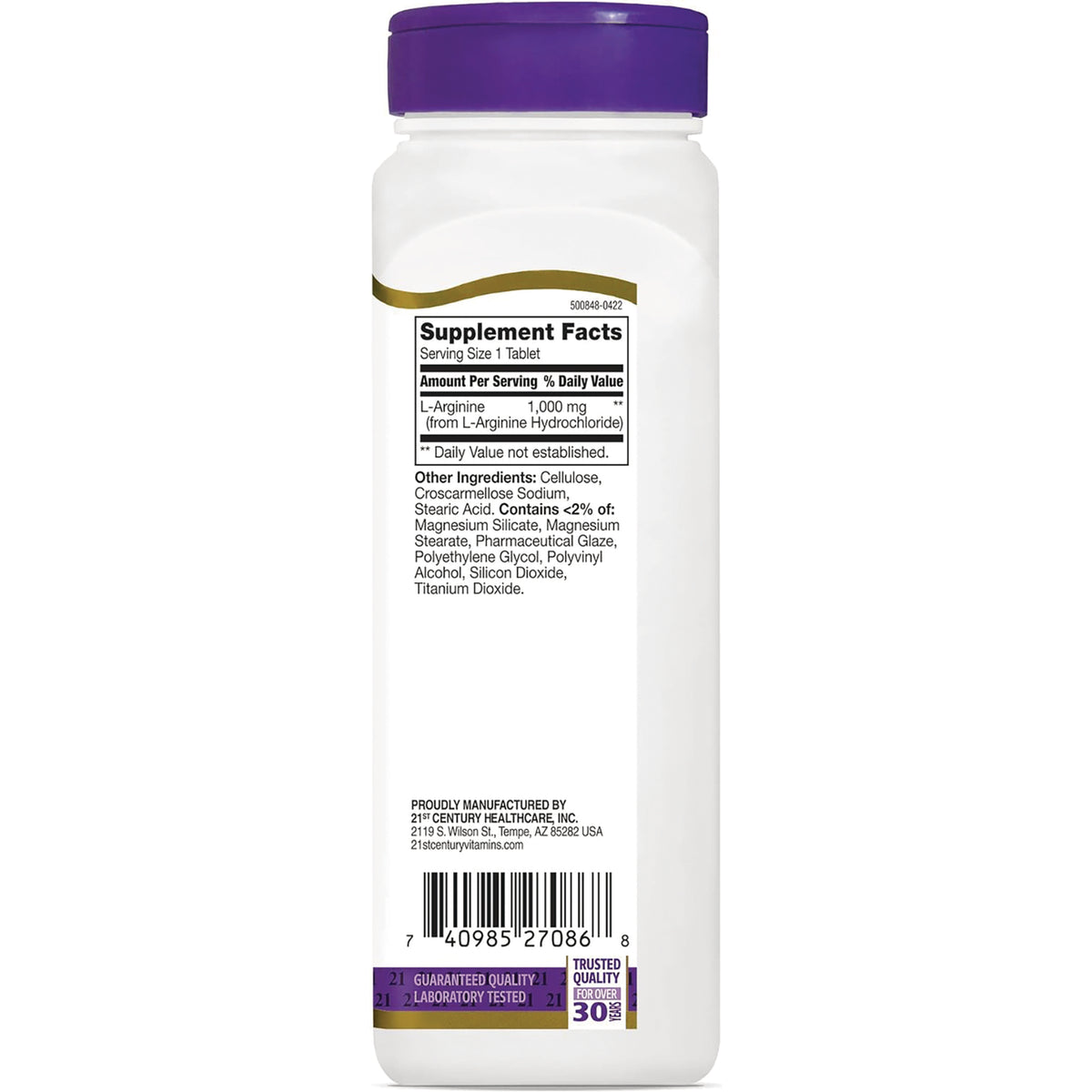 CNT093 | Back label showing Supplement Facts listing L-Arginine 1,000 mg, other ingredients and barcode on white bottle with purple cap