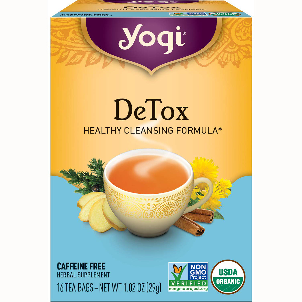 AHW003 | Yogi DeTox Healthy Cleansing Formula caffeine-free tea, 16 tea bags, Non-GMO Project Verified, USDA Organic