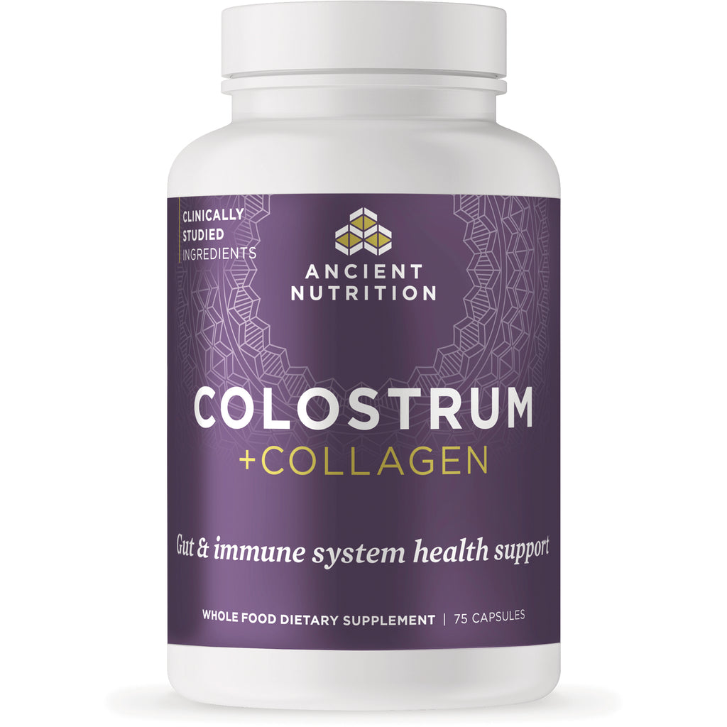 ATN147 | Ancient Nutrition Colostrum + Collagen supplement bottle with purple label, 75 capsules, reads \ - Thumbnail