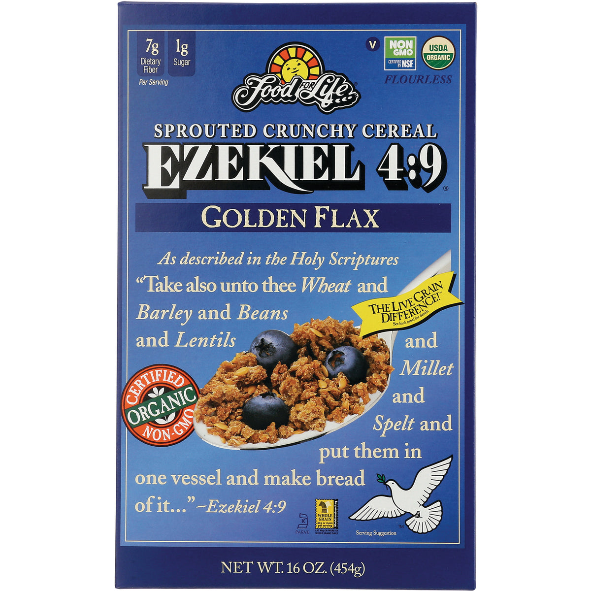 FFL003 | Ezekiel 4:9 Golden Flax sprouted crunchy cereal box front showing bowl of cereal and Certified Organic Non-GMO badge