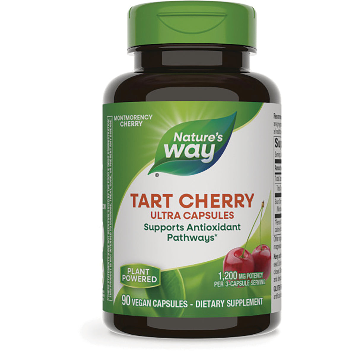 ET436 | Nature's Way Tart Cherry Ultra Capsules bottle with green label, 90 vegan capsules, plant powered
