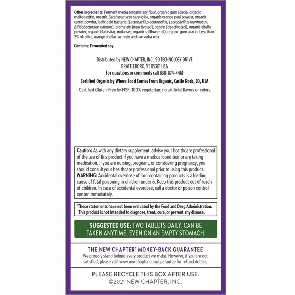 NWC140 | Back panel of supplement box showing ingredients, warnings, suggested use and recycle information