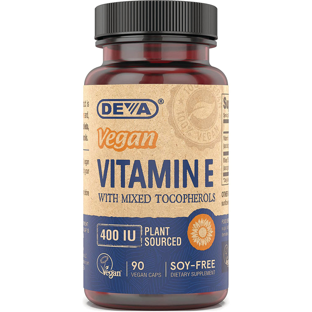 DEV035 | Amber bottle of vegan Vitamin E capsules labeled 400 IU plant sourced, 90 vegan caps, soy-free - Thumbnail