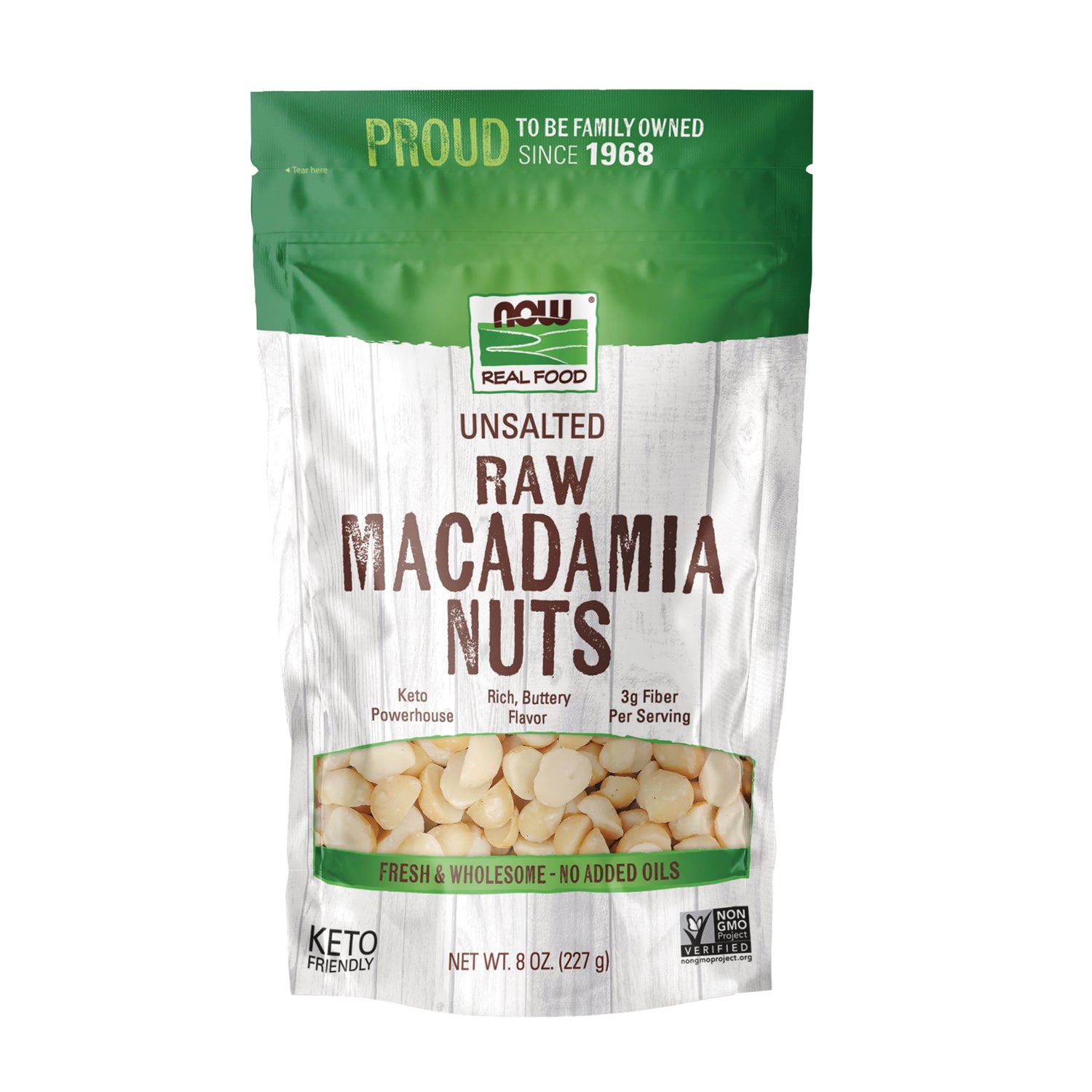 NWF1422 | NOW Real Food unsalted raw macadamia nuts pouch 8 oz with clear window showing whole nuts