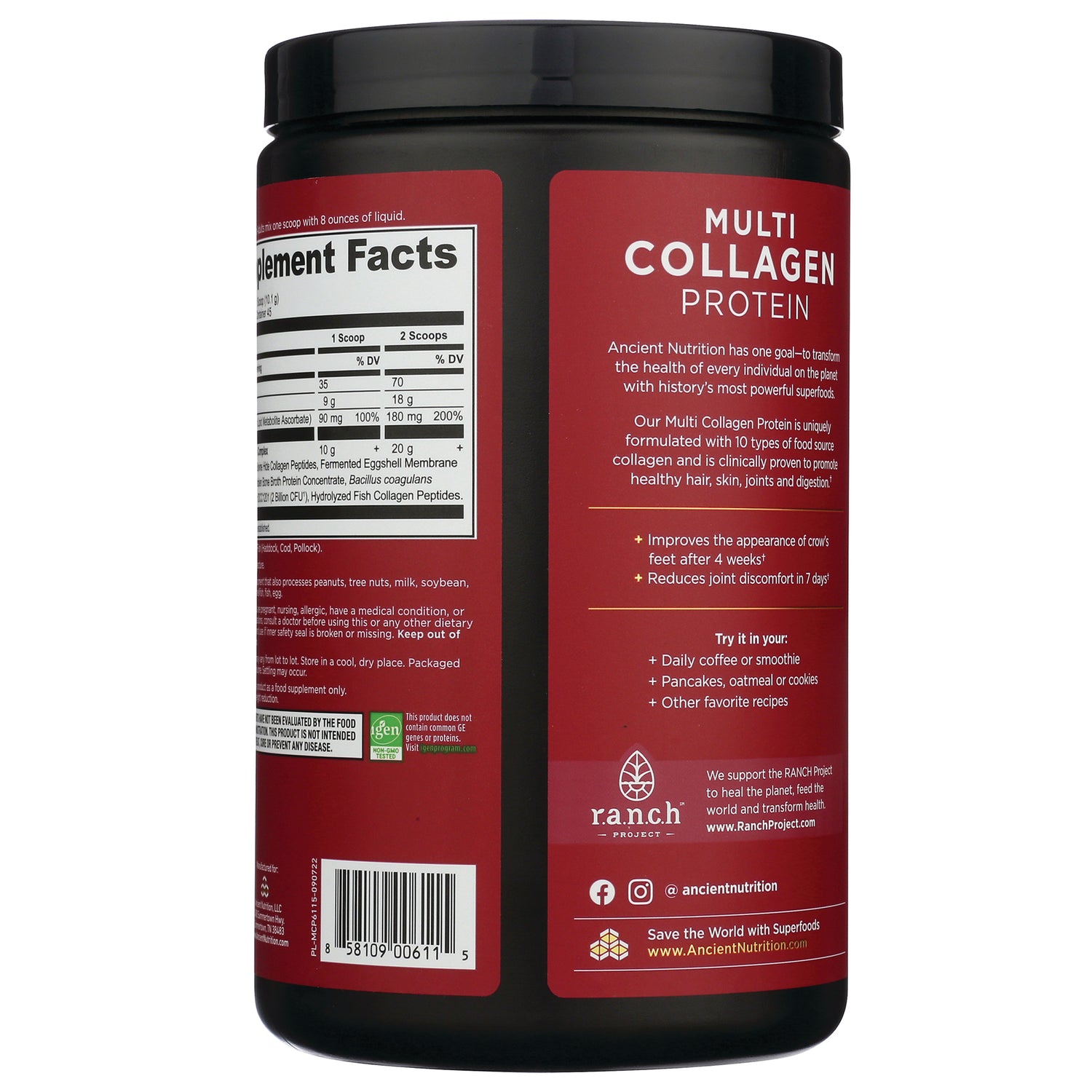ATN047 | Back of multi collagen protein container showing supplement facts panel, product benefits, barcode and brand logo on red label
