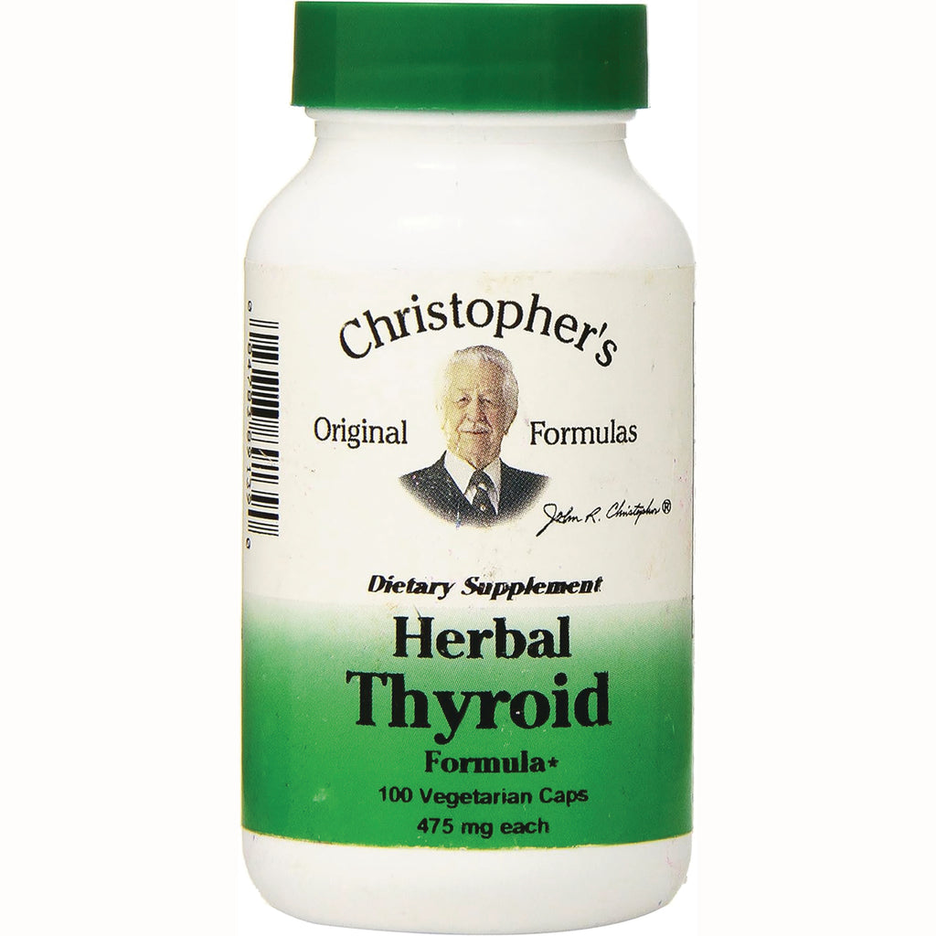 DCR005 | White bottle of Christopher's Herbal Thyroid dietary supplement with green cap and label reading 100 Vegetarian Caps - Thumbnail
