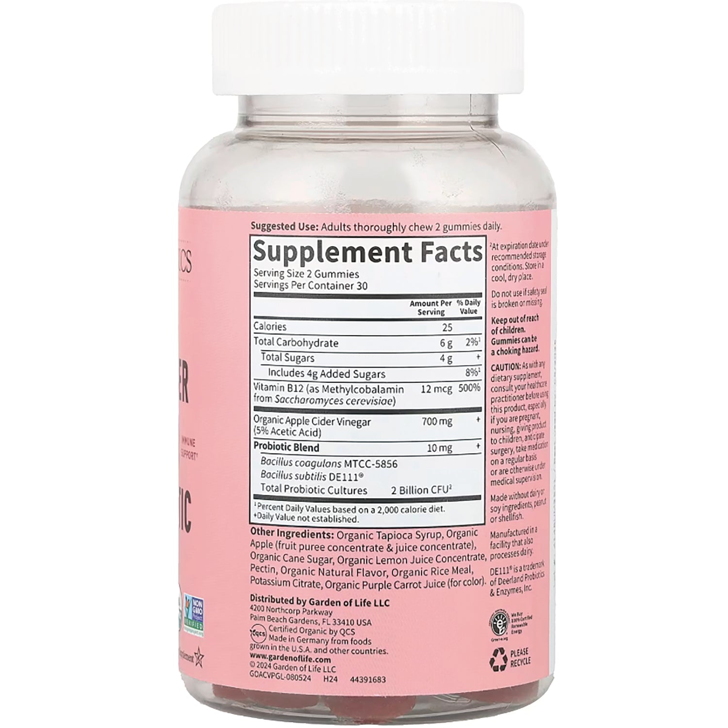 GLF344 | Back label showing Supplement Facts and ingredient panel on pink gummy bottle, serving size 2 gummies