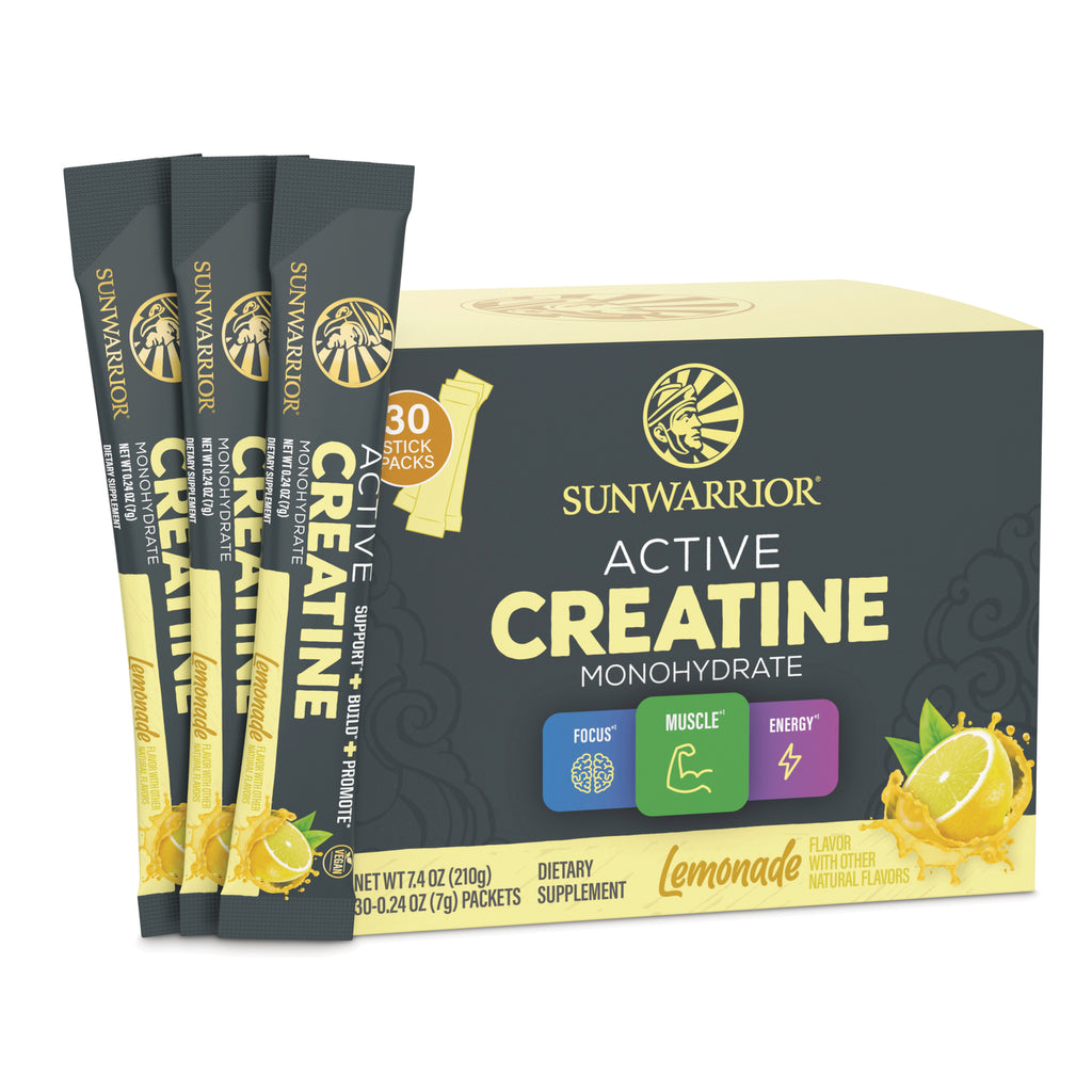 SNW065 | Sunwarrior Active Creatine Monohydrate, lemonade flavor, 30 stick packs box with three sachets shown - Thumbnail