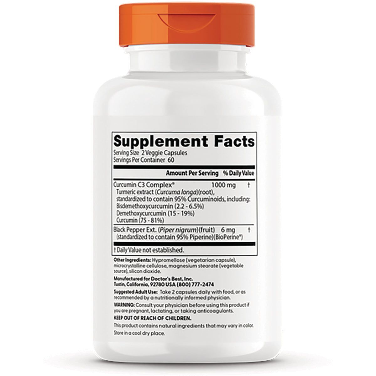 DB078 | back of white supplement bottle showing Supplement Facts panel with ingredient and warning text