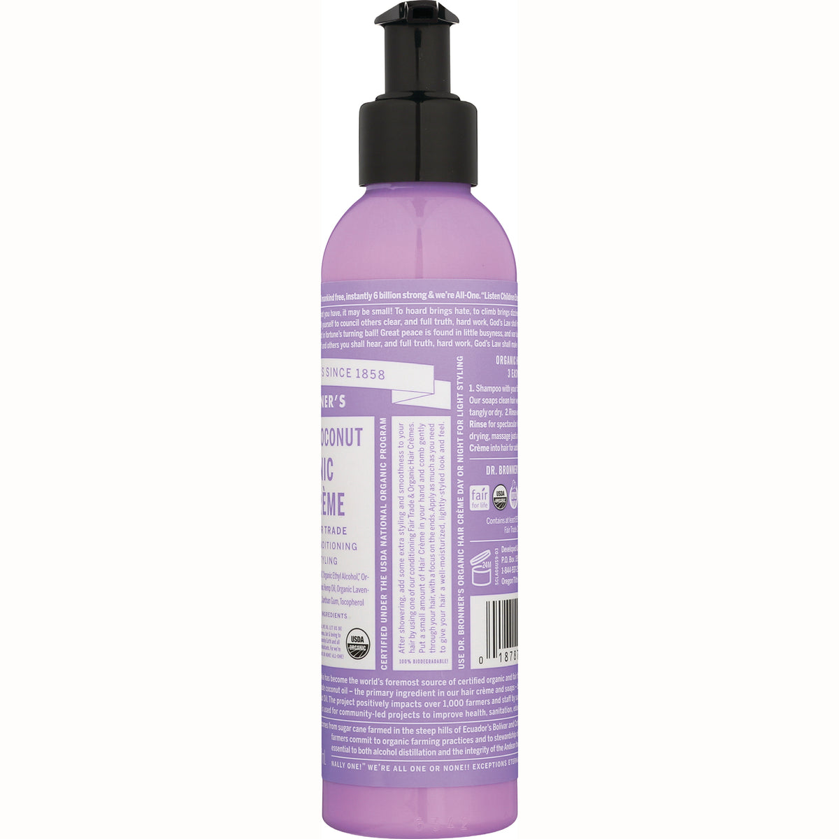 DRB030 | Back label of purple pump bottle showing ingredients, directions, barcode and certification icons